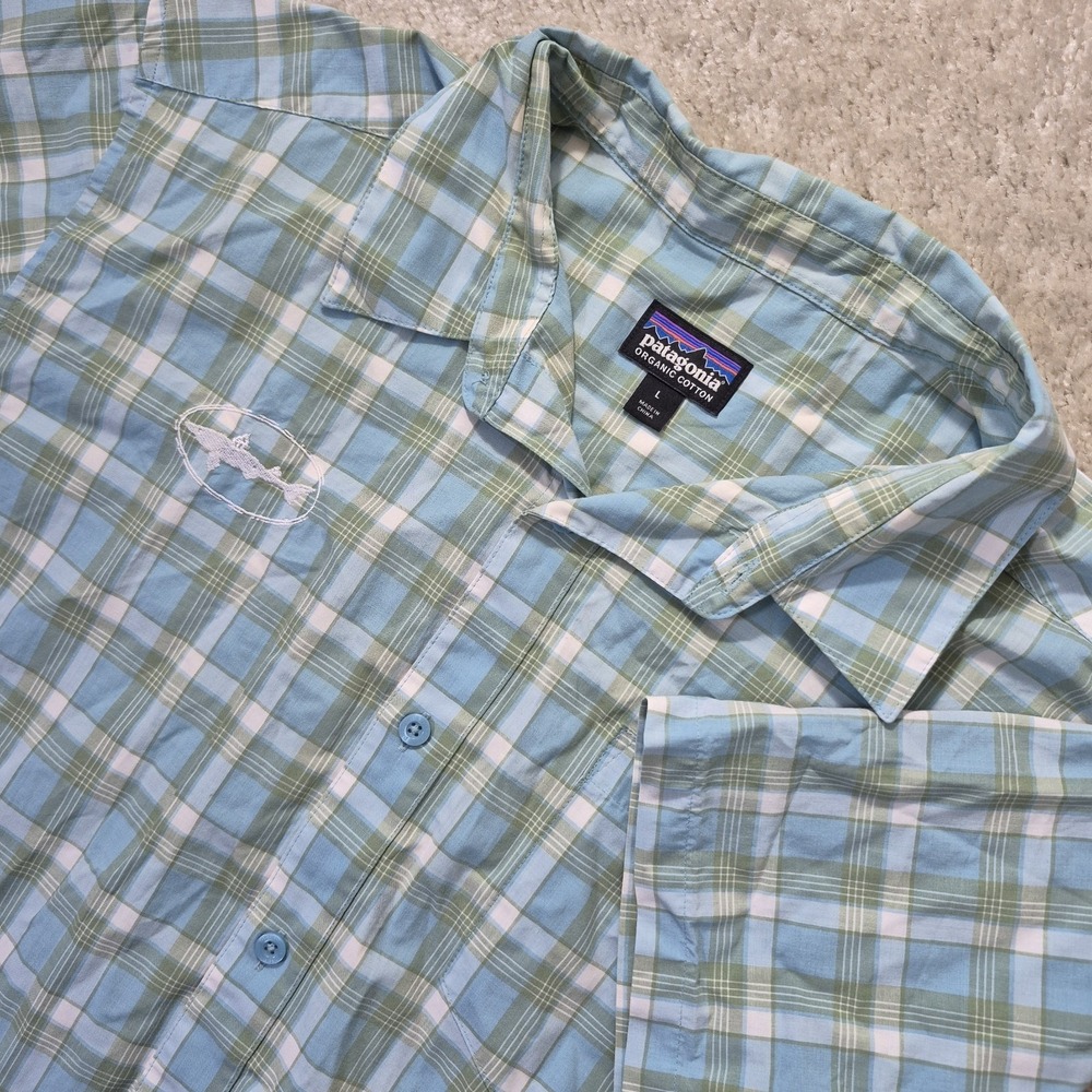 Patagonia Fezzman Button Shirt Mens Large Blue Plaid Organic Cotton Camp Dad